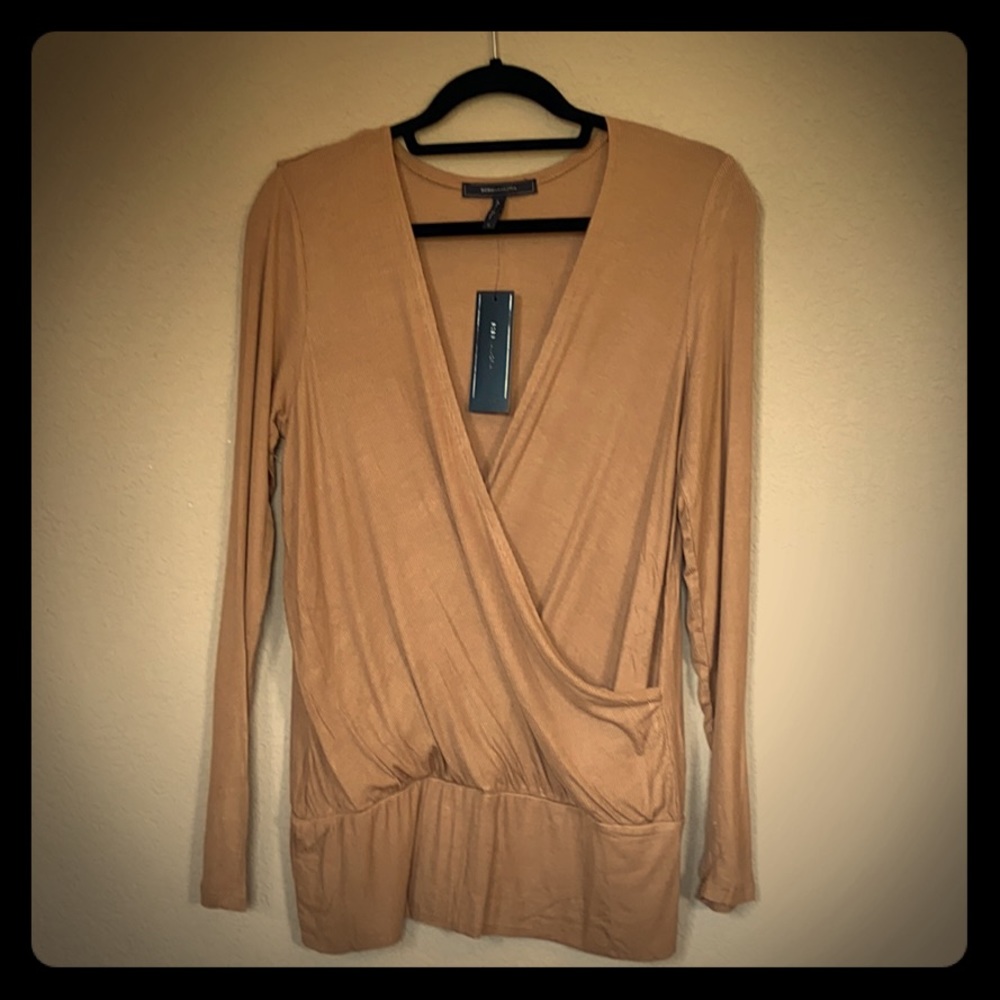 BCBG MAXAZRIA Ribbed V Neck Faux Wrap Long Sleeve